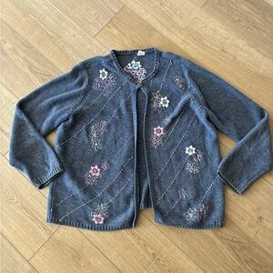 Women’s Embroidered Blue Cardigan Sweater Flowers Spring Size XL Vintage Cotton